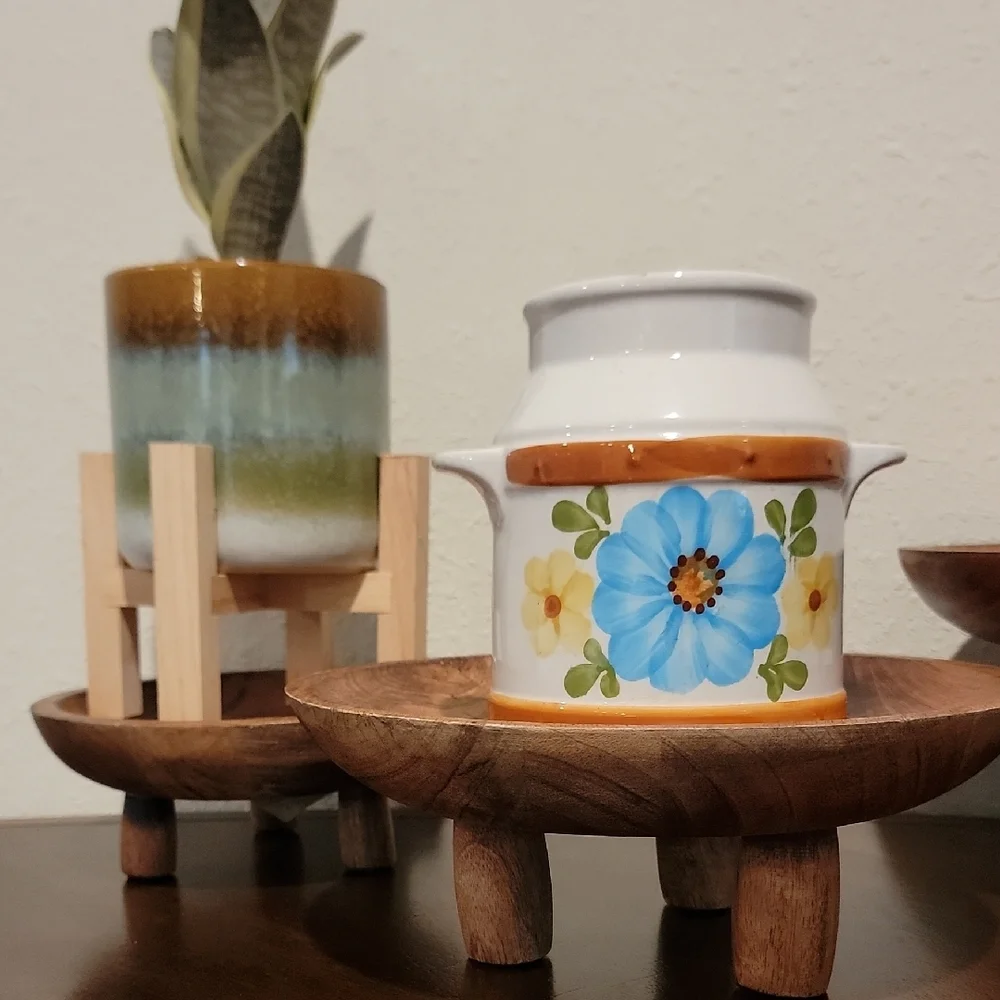 Vintage Ceramic Utensil Holder with Blue Floral Design